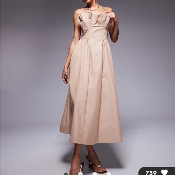 ASOS Design structured frill bust midi dress in stone - Picture 15 of 15